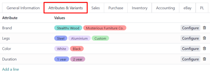 Odoo 销售中典型产品表单上的属性与值标签页。