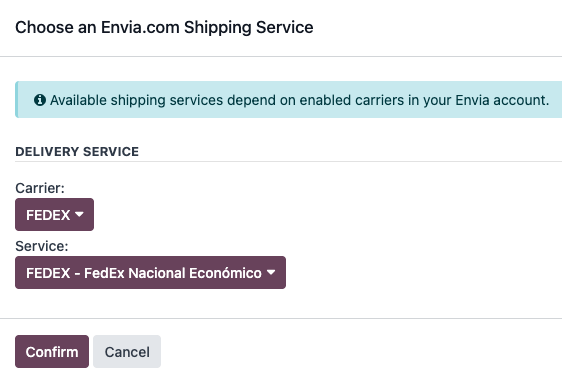 Envia.com 承运商和服务弹出窗口。