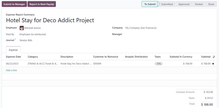 Odoo 费用应用程序中的费用报告摘要。