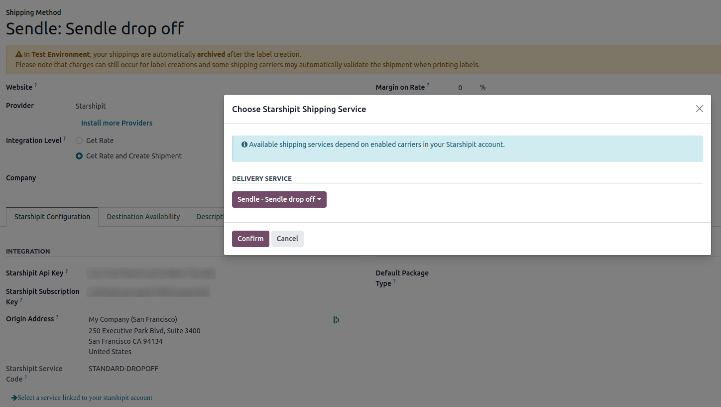 Odoo 中配置的运输产品示例。